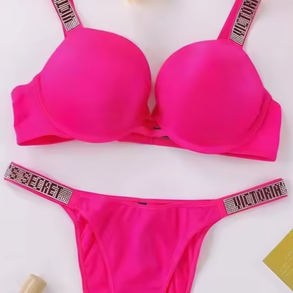 Brand New Bling Rhinestone Victoria Secret Bra And Panty Set Bright Neon Pink